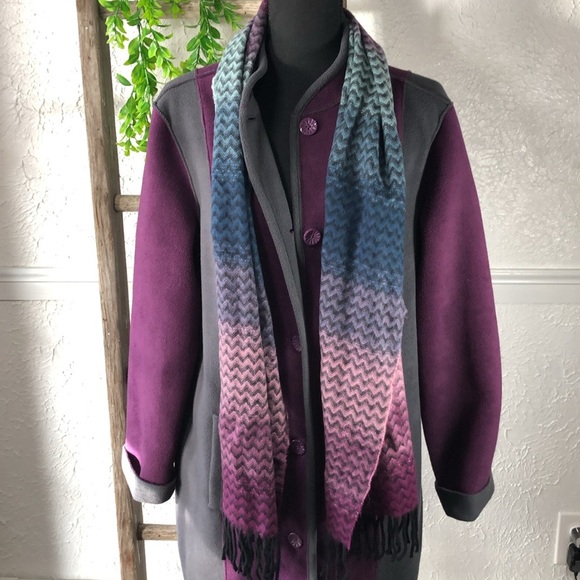 Susan Graver Fleece Purple Gray Long Button Up Coat Color. Block Trench Coat - Picture 13 of 16